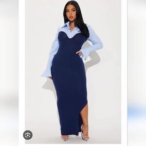 Striped Blue Shirt-Collar Navy Midi Dress